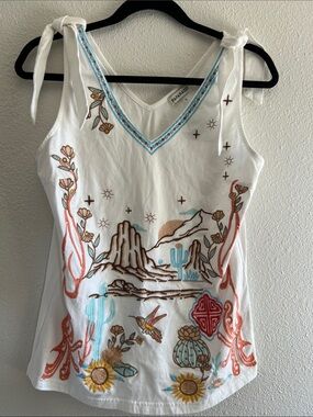 Desert inspired tank top with embroidery and shoulder tie details, size Small